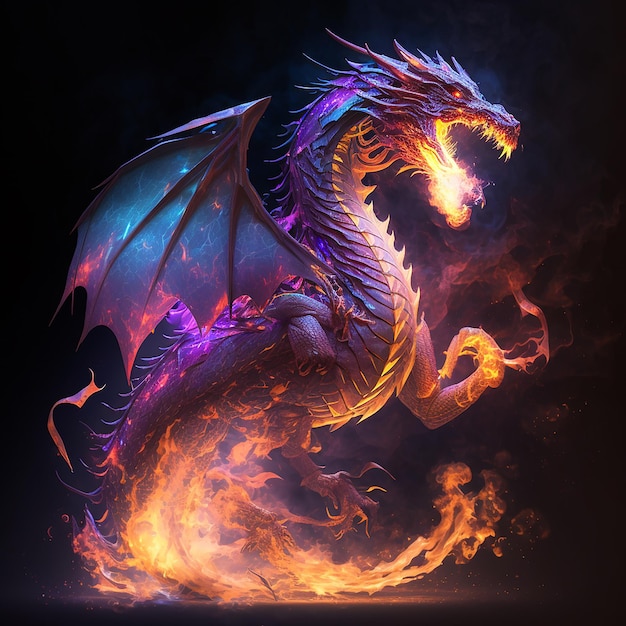 A dragon with a blue dragon on its head is in flames.
