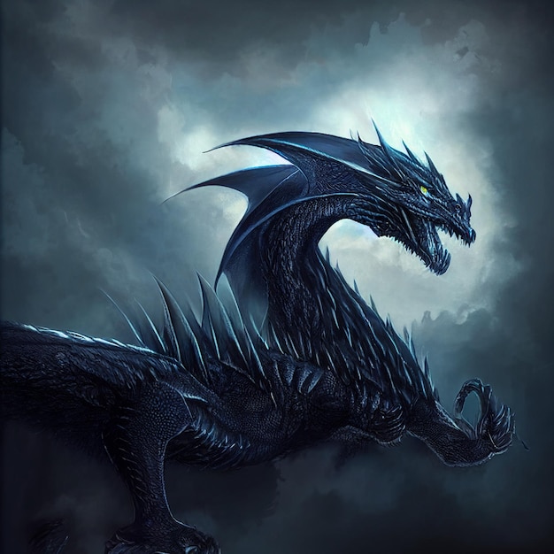 Дракон с голубыми глазами и черным драконом на голове.