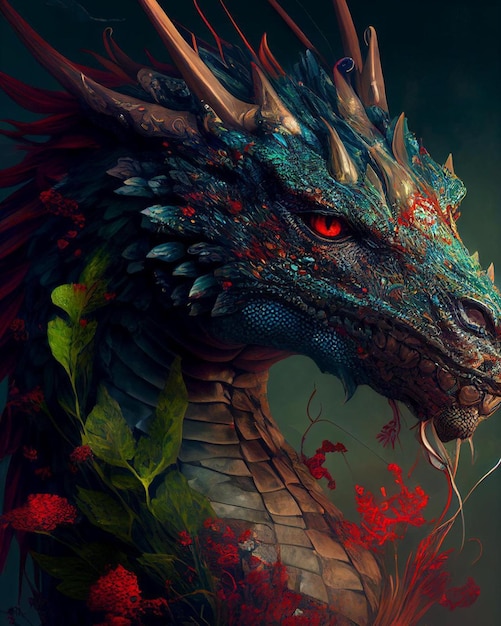 A dragon with blue eyes and red eyes