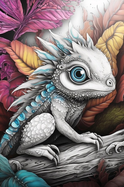 A dragon with blue eyes sits on a branch with leaves and flowers.
