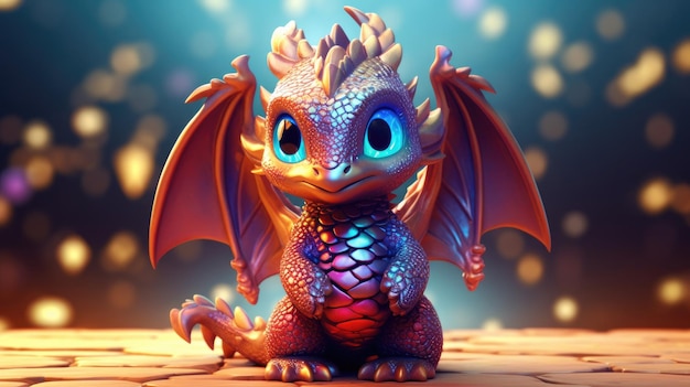 A dragon with a blue eyes sits on a wooden platform.