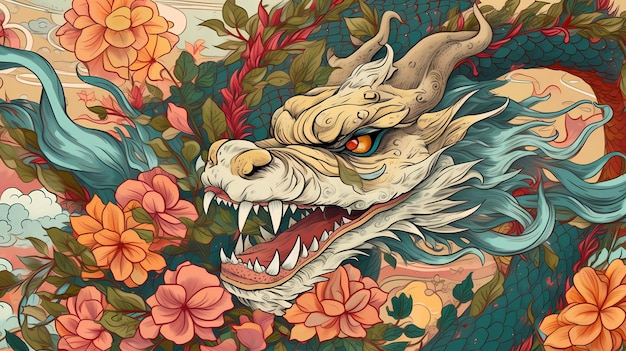 A dragon with a blue face and a flowery background