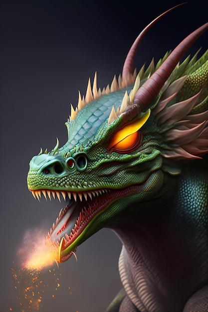 A dragon with a blue face and green eyes is smoking a fire.