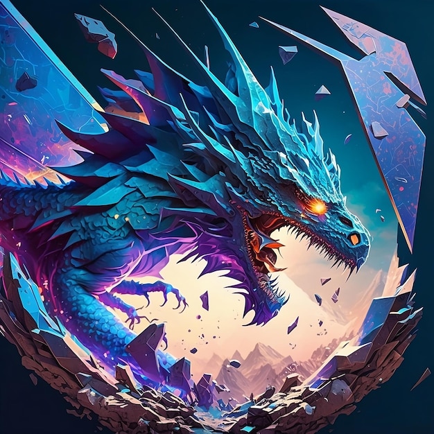 A dragon with a blue face is in front of a mountain.