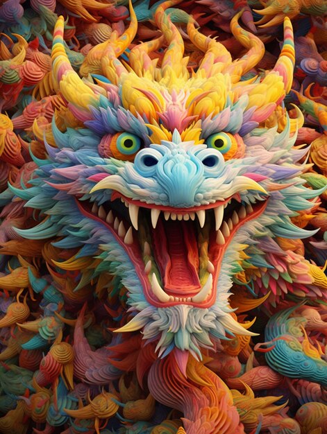A dragon with a blue face is surrounded by many other colors.