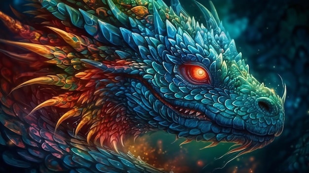 A dragon with a blue face and red eyes