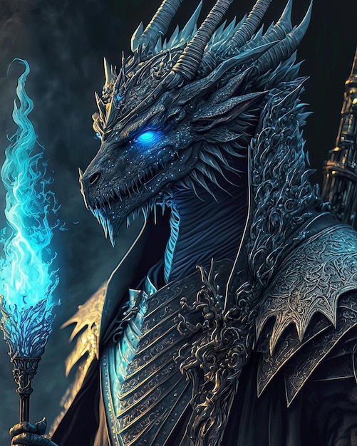 A dragon with a blue flame on his head