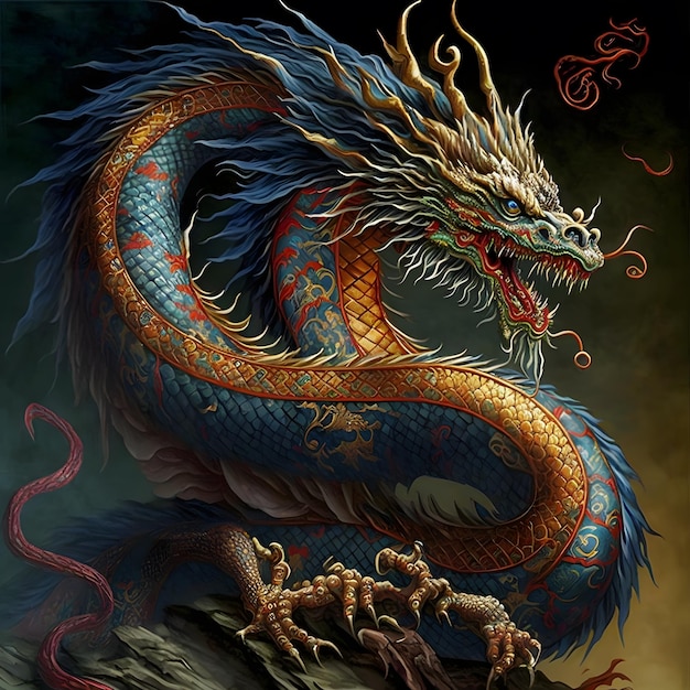 A dragon with a blue and gold pattern on its body