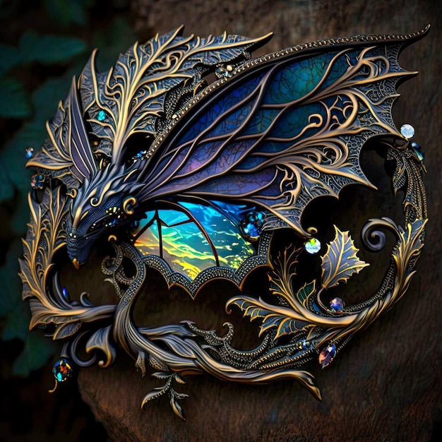 Photo a dragon with a blue and gold pattern sits on a tree trunk.
