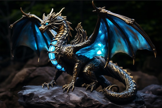 A dragon with blue and gold wings sits on a rock