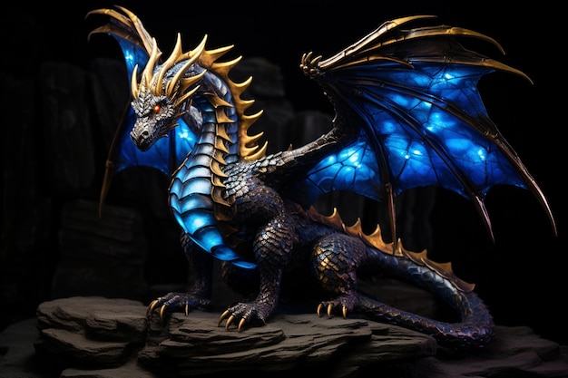 A dragon with blue and gold wings sits on a rock