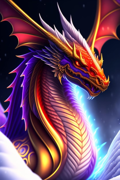 A dragon with a blue head and gold and red wings