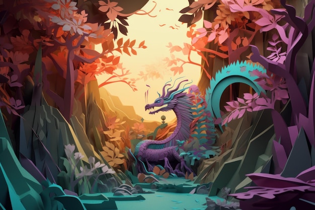 A dragon with a blue tail sits in a forest.