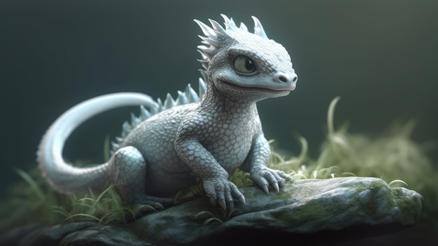 A dragon with a blue tail sits on a tree branch.