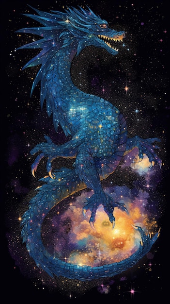 A dragon with blue wings on its back sits on a planet.