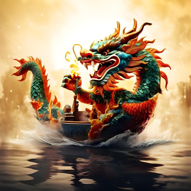 a dragon with a boat in the water with a boat in the background