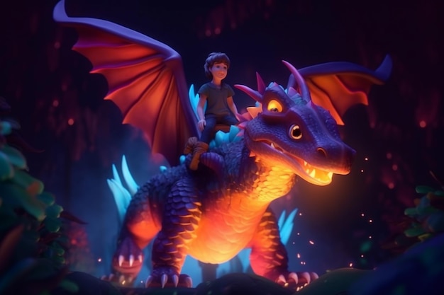 A dragon with a boy on it is in the dark