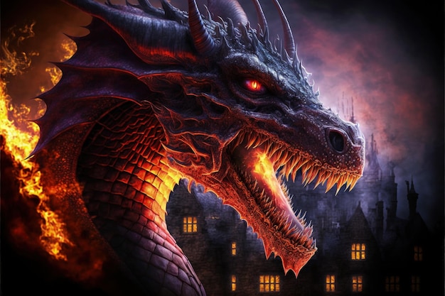 A dragon with a burning eye is in front of a castle Generatice AI