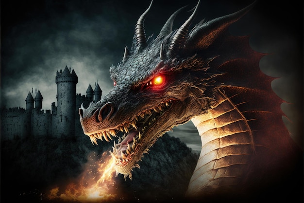 A dragon with a burning eye is in front of a castle Generatice AI