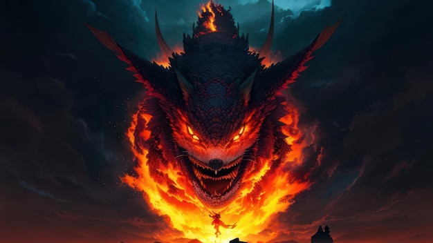 Photo a dragon with a burning face is on fire