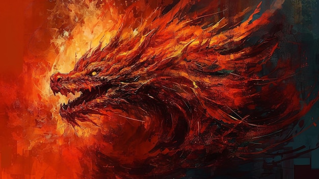 A dragon with a burning face is in the fire.