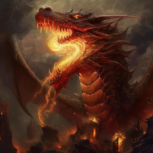 A dragon with a burning fire on its face