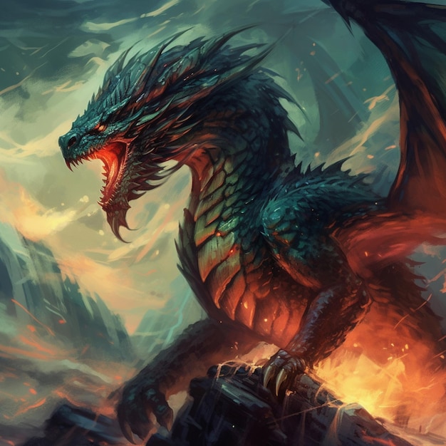 A dragon with a burning mouth is on a mountain.