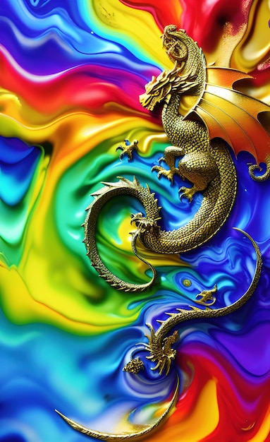 A dragon with a colorful background that says