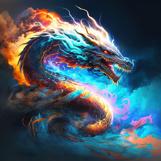 Photo a dragon with a colorful design on it