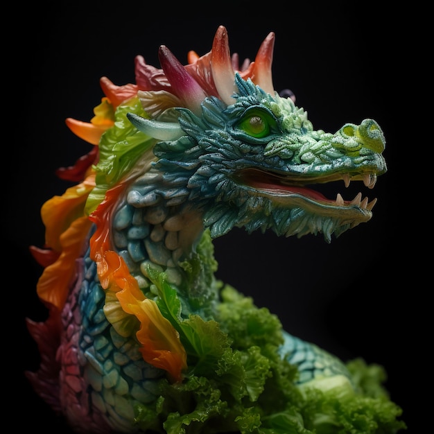 Photo a dragon with colorful feathers and a green head is in front of a black background.