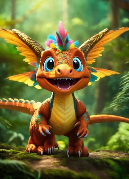 a dragon with a colorful headband and colorful feathers on its head