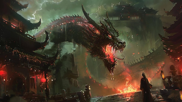 a dragon with a dragon on it and a man in the background