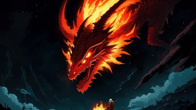 A dragon with a face on it and a fire on the top