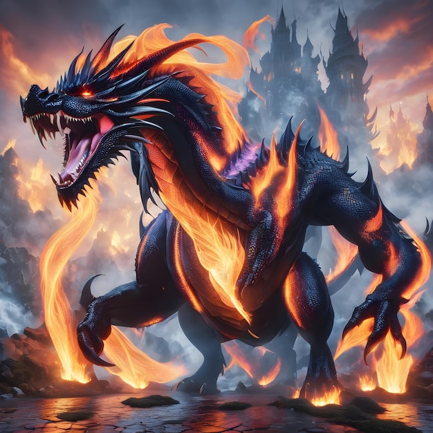 背景に炎のオレンジ色の炎と赤いドラゴンを持つドラゴン