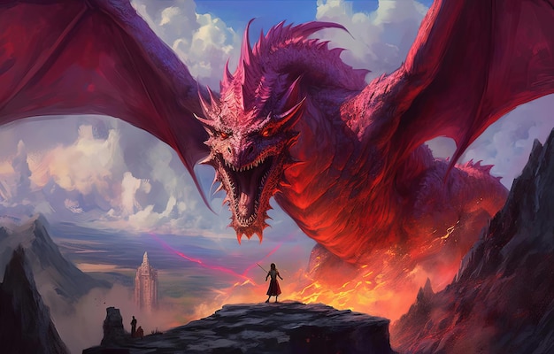 a dragon with fire and an arrow in his hand in the style of digital painting