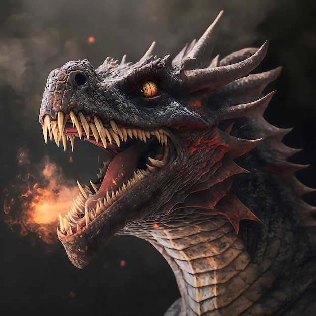 A dragon with a fire in its mouth