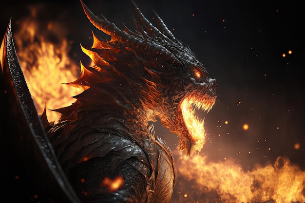 A dragon with flames on his face looks at the camera.