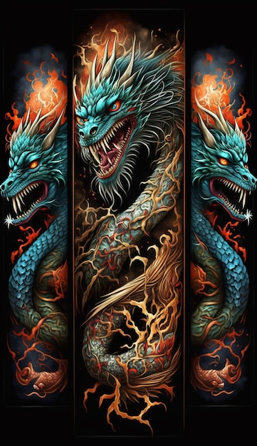 A dragon with flames on it