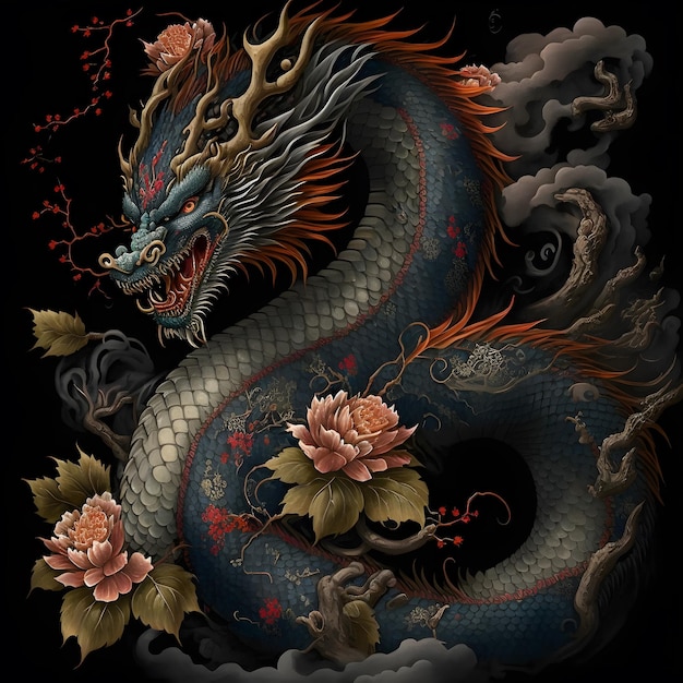 A dragon with flowers on it and the word dragon on the bottom.