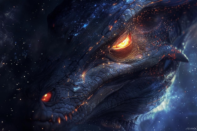 A dragon with glowing eyes is shown in a dark blue background