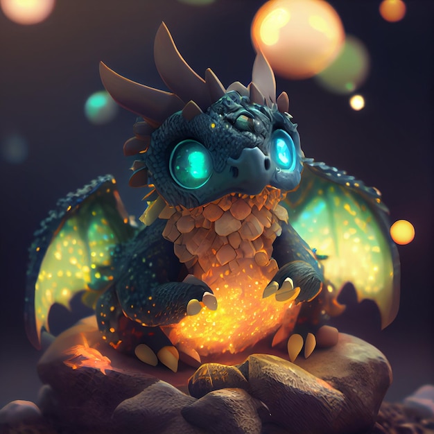 A dragon with glowing eyes sits on a rock with a dark background.