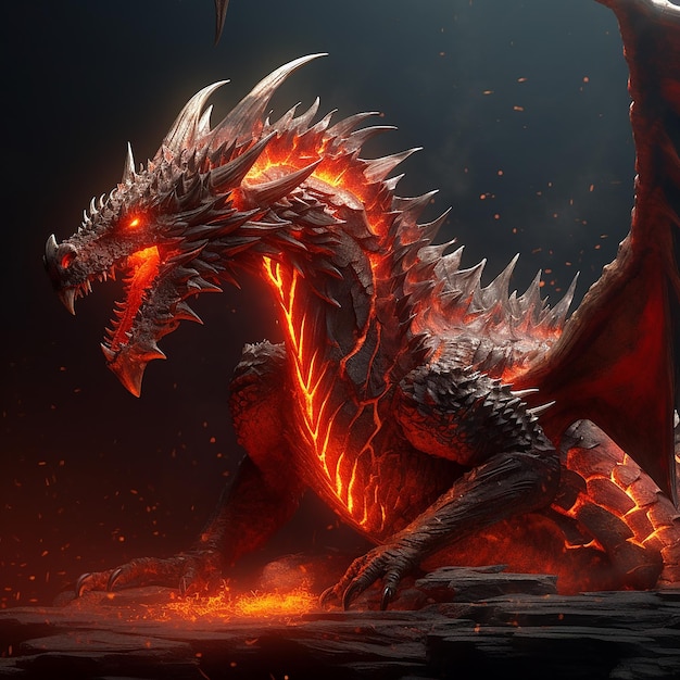 A dragon with glowing eyes and a sword on its head