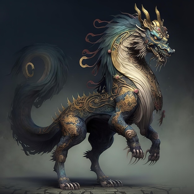 A dragon with a gold and blue head and blue eyes is standing on a stone floor.