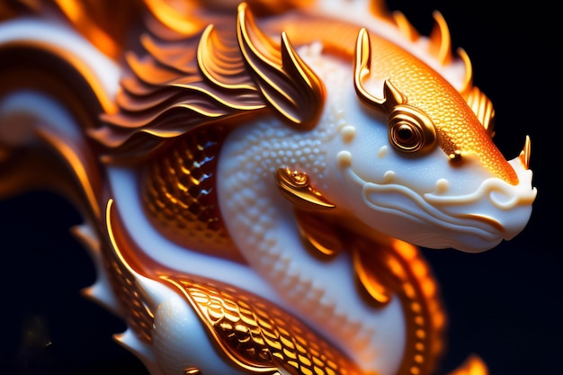 A dragon with gold and orange colors is on a black background.