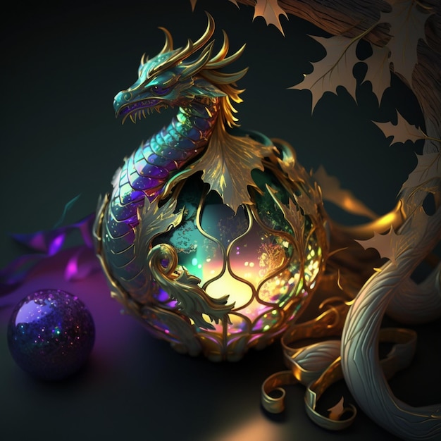 A dragon with gold wings sits in a ball with a tree in the background