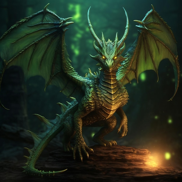 A dragon with a green background and a glowing light in the background.