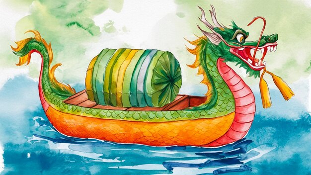 Photo a dragon with a green body and orange boat with a green tail