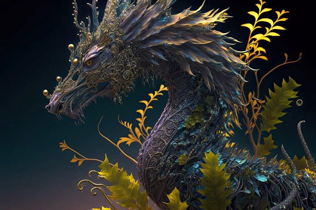 A dragon with a green crown and leaves on its head