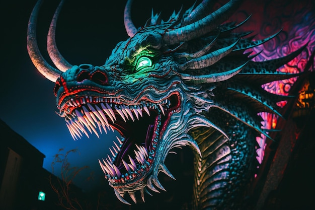 A dragon with a green eye and a blue face with a glowing eye.