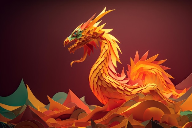 A dragon with a green eye is on a red background.